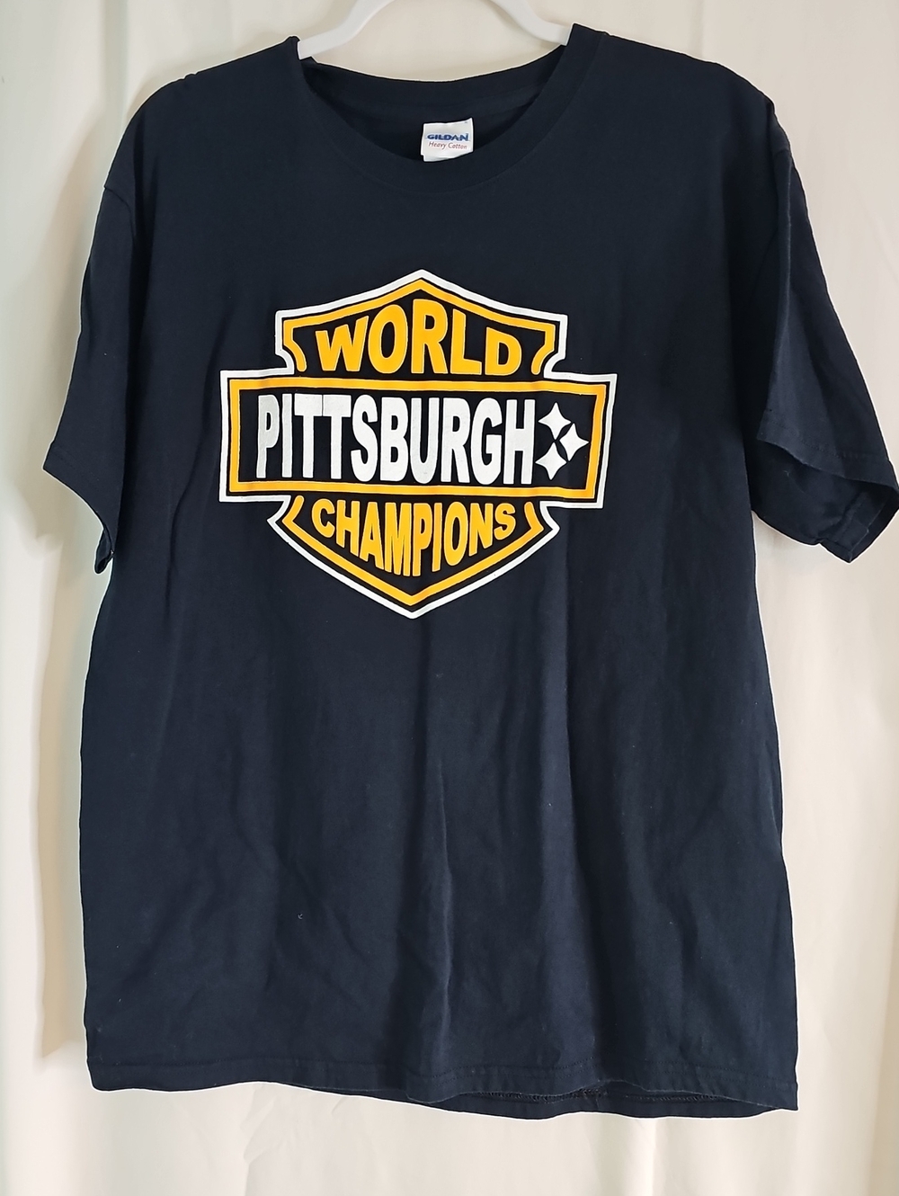 Gildan Navy Tee with Yellow & White Pittsburgh World Champions Shield